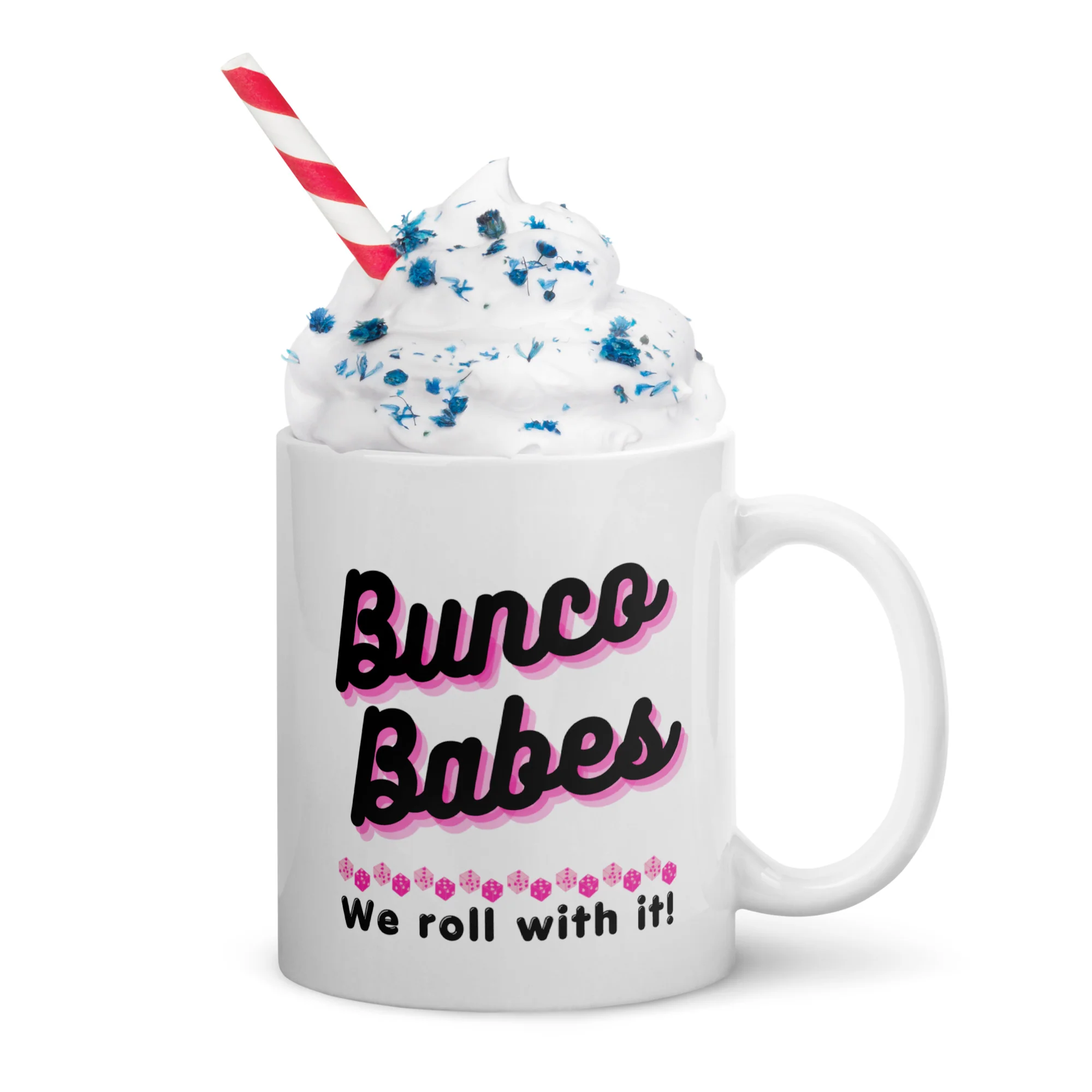Bunco Babes: We roll with it! White Glossy Mug - Image 3