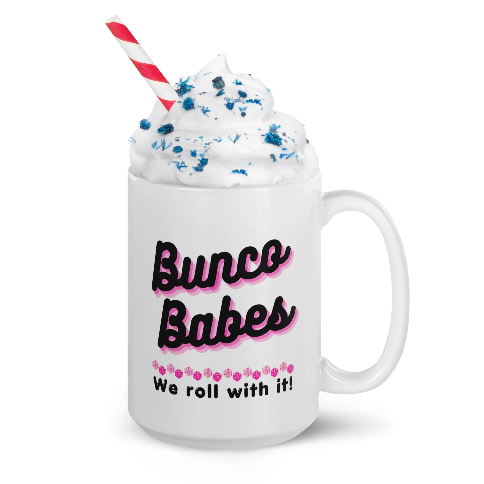 Bunco Babes: We roll with it! White Glossy Mug - Image 5