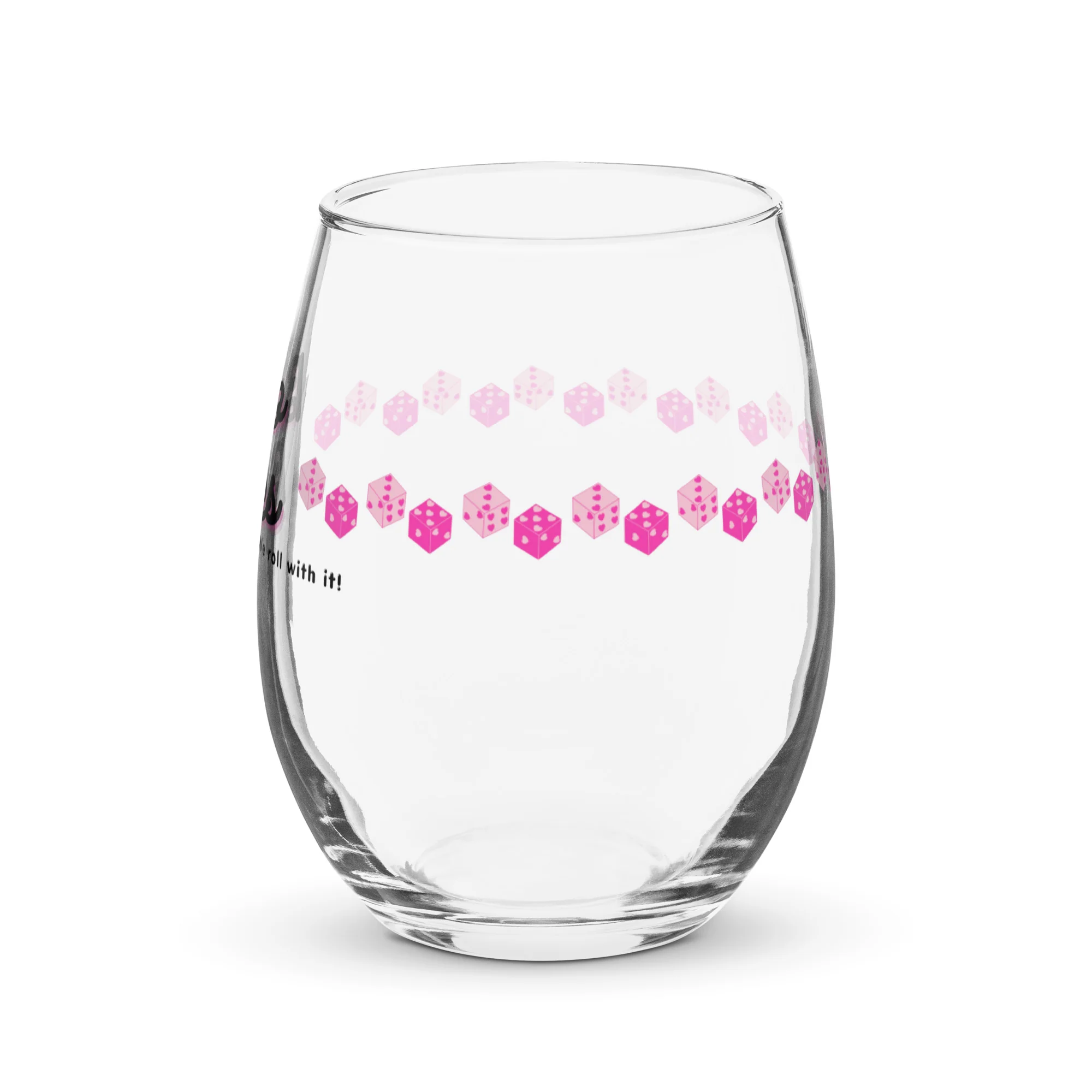 Bunco Babes: We roll with it! Stemless Wine Glass - Image 3